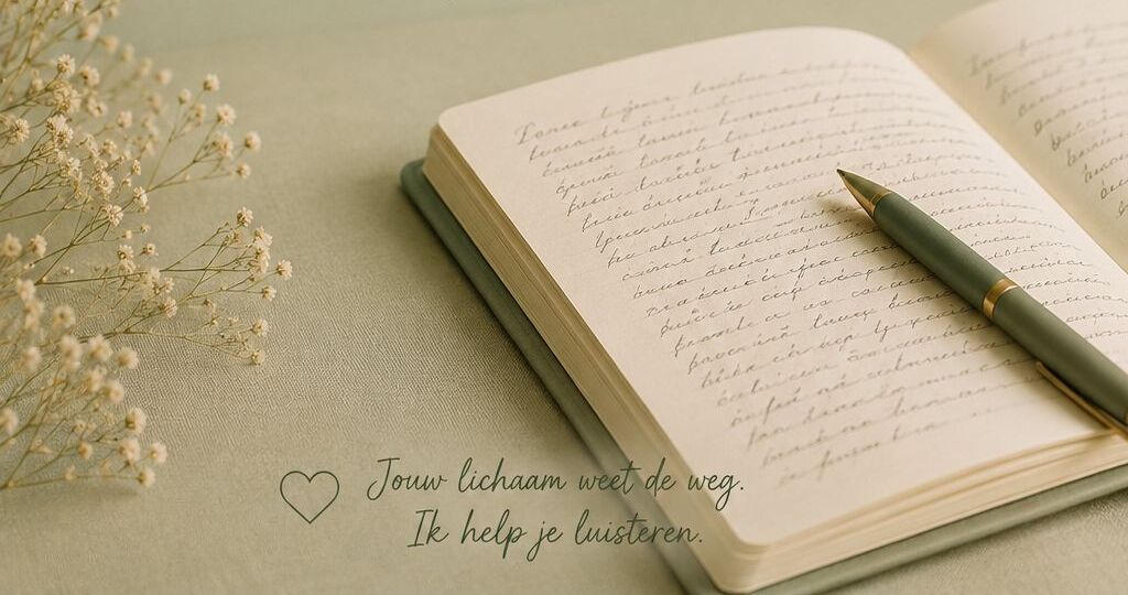 Geopend dagboek met handgeschreven tekst, een pen en gedroogde gypsofila op een saliegroen tafelkleed.